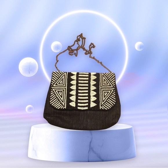 FROM ST XAVIER Women's Black/White Beaded Clutch Purse Shoulder Bag